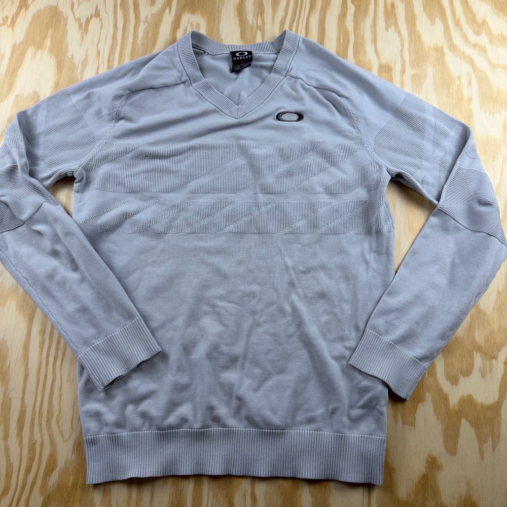 Oakley Mens V-Neck Sweater Light Grey Tailored Fit Textured Knit Size Small Golf